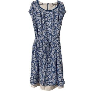 Boden Blue White Leaf Print With Belt Dress Sz 16L Vacation Summer Cruise Chic